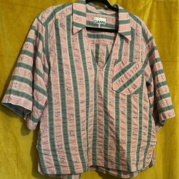 Ganni Pink Nectar Seersucker Collared Shirt EUC S/M Oversized - Picture 6 of 9